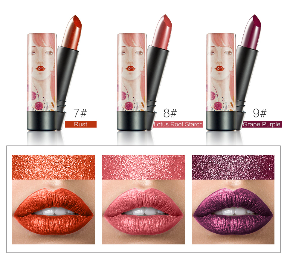 HUAMIANLI Velvet Dusty Rose Glitter Ryukin Pearly-luster Lipstick Deep Red Lip Sticks