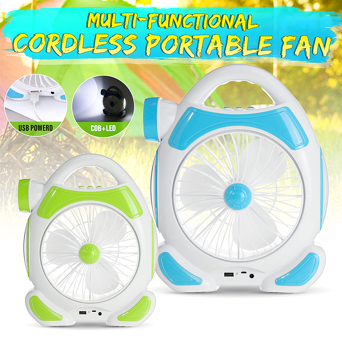 2-IN-1 Cordless Multi-functional USB Charging Fan with Emergency LED Light Outdoor Travel Camping Accessories
