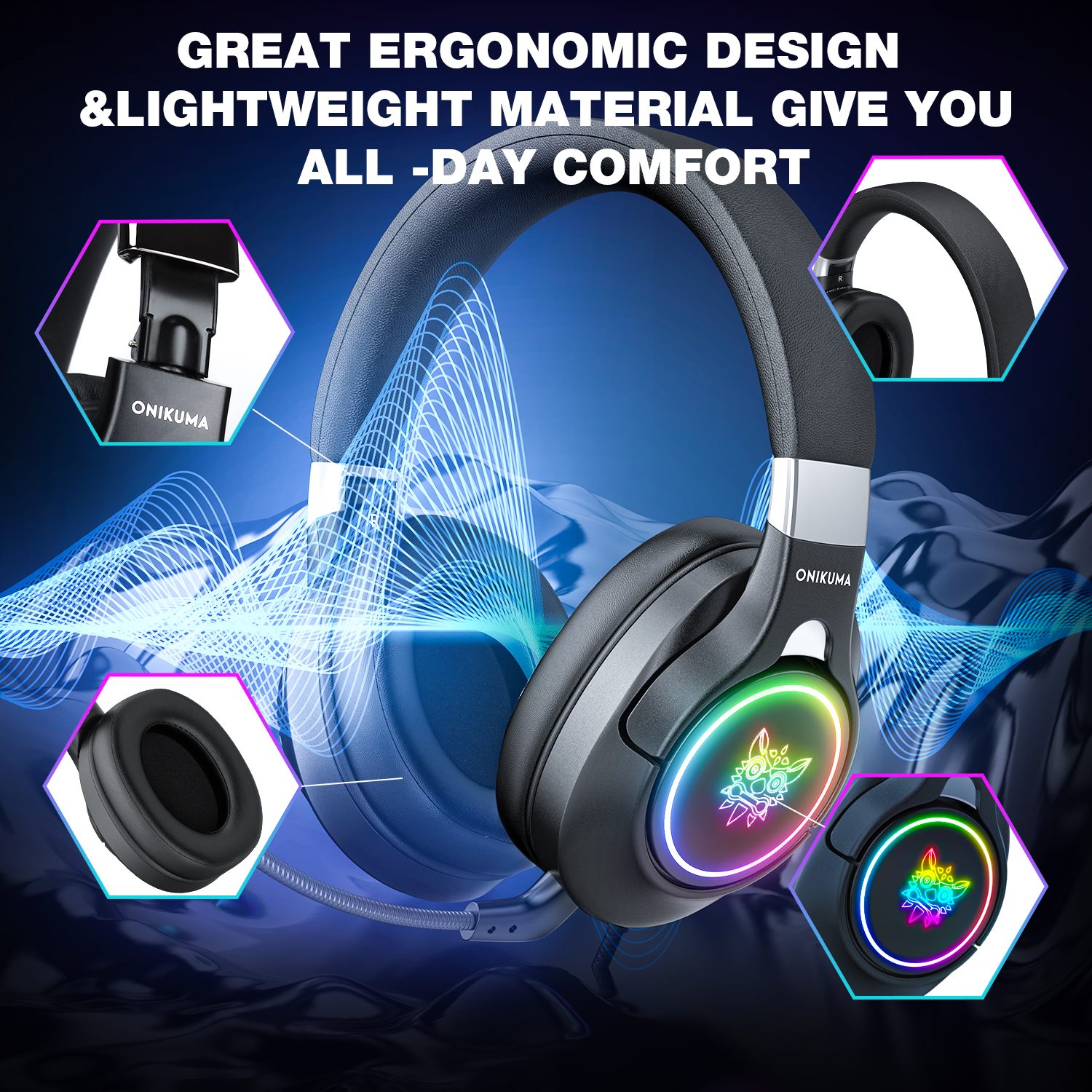 ONIKUMA K15 Gaming Headset RGB Light Wired Headphones With Microphone Stereo Earphones for Xbox One Headsets Gamer for PS4 PC