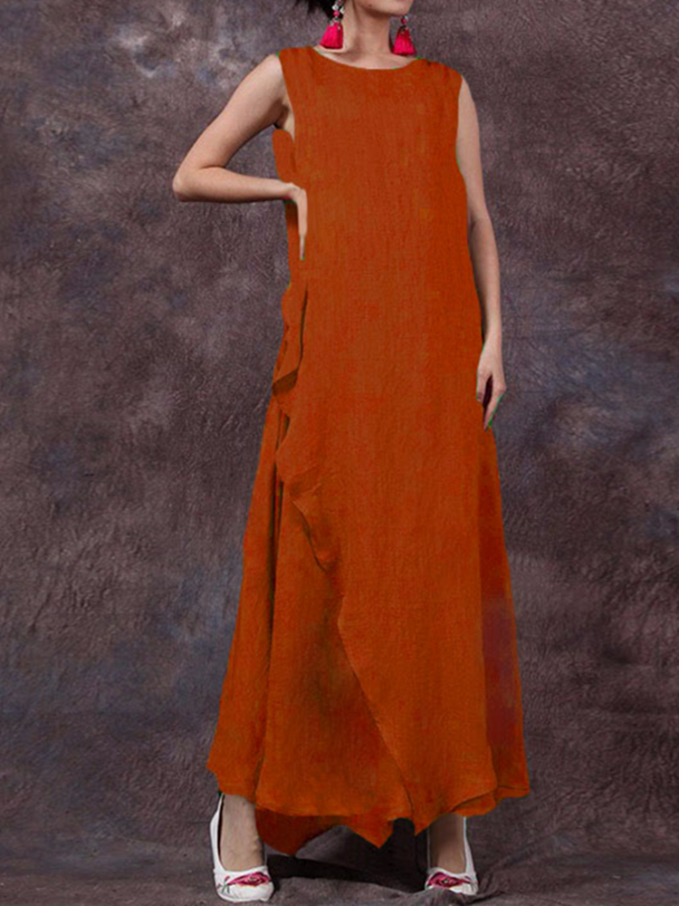 Women Sleeveless Pure Color Maxi Dress at Banggood