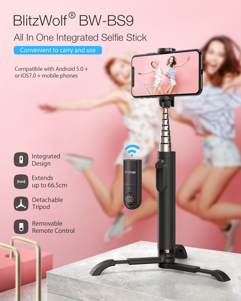 BlitzWolf® BW-BS9 Mini All In One Integrated bluetooth Detachable Tripod Selfie Stick for Sport Camera Phone