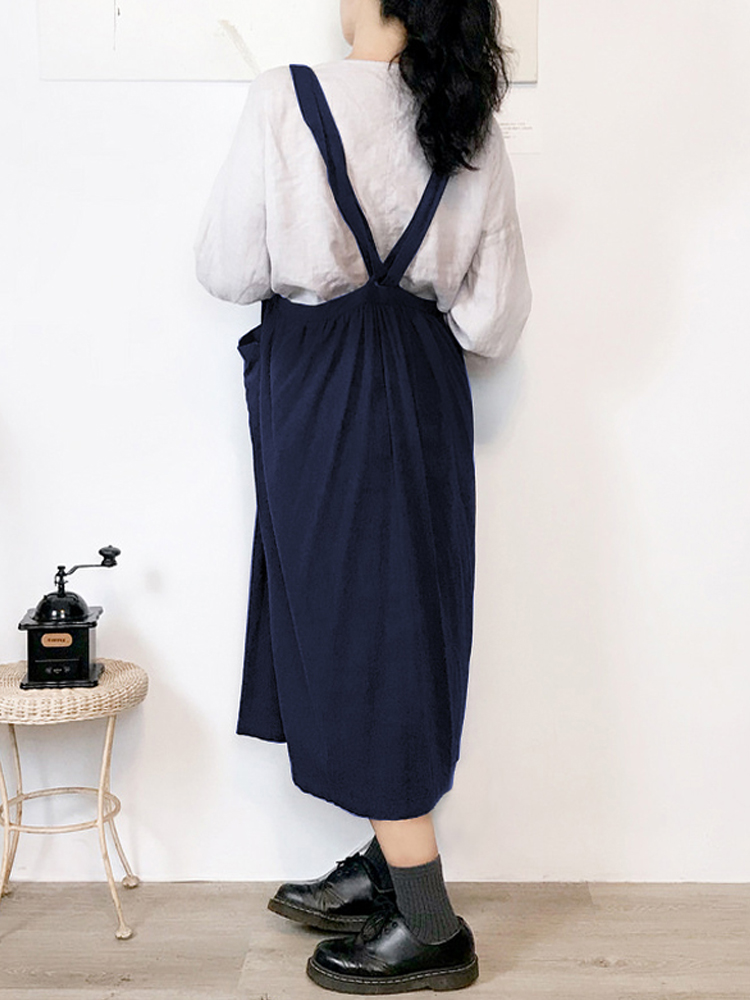 Women Japanese Style Adjustable Cross Straps Apron Vintage Dress with Pocket