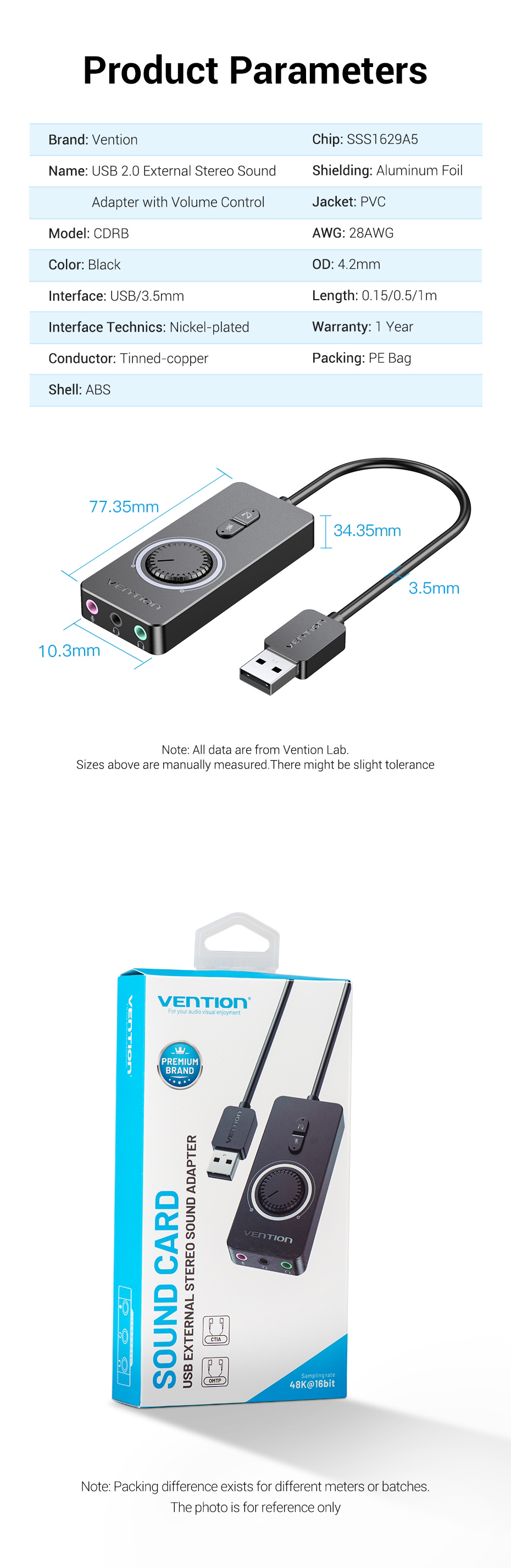 Vention USB External Sound Card to 3.5mm Audio Adapter to Earphone Microphone  0.15m/0.5m/1m