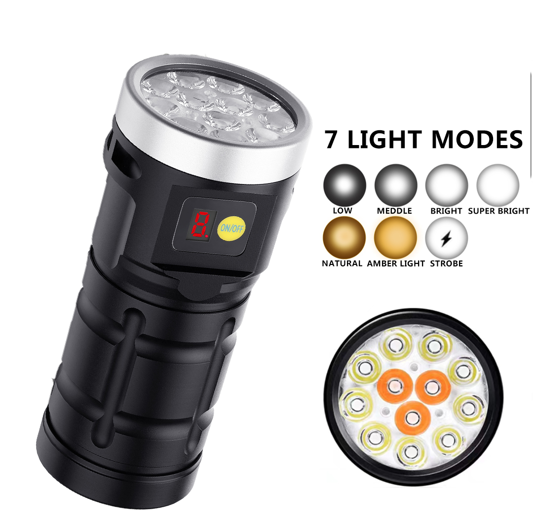 X12 7 Modes LED with UV/Yellow Light Hunting Flashlight Multi LED 10000lm Strong Power Bank Flashlight with Ultra Violet Light Yellow Light For Hunting Working Outdoor Camping 10400mAh Power Bank Function