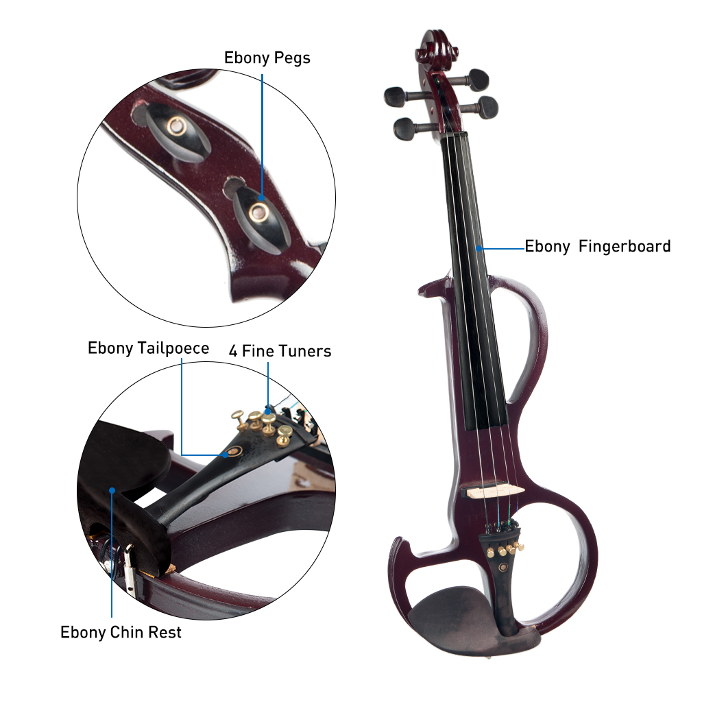 NAOMI Full Size 4/4 Violin Electric Violin Fiddle Maple Body Fingerboard Pegs Chin Rest with Bow Case - Photo: 3