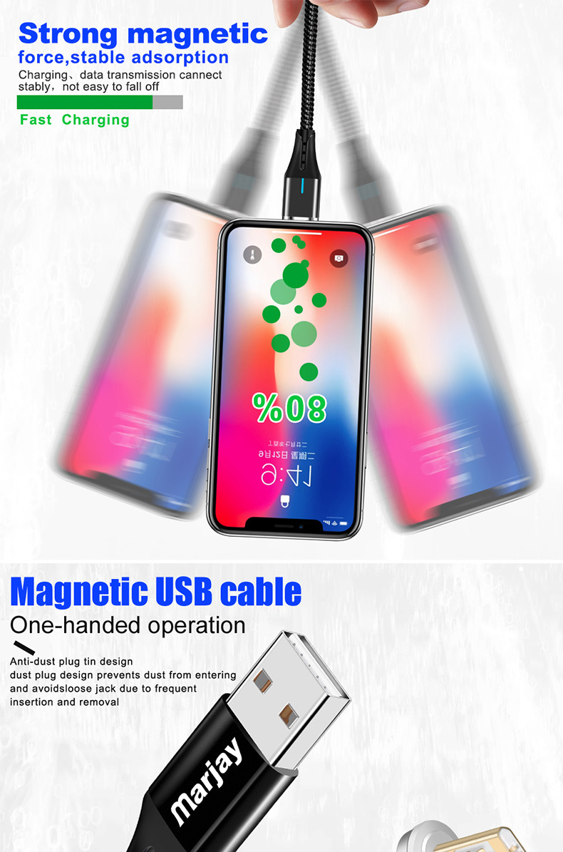 Marjay 3A Type C Micro USB Fast Charging Magnetic Data Cable For HUAWEI P30 Mate20 MI9 S10 S10+
