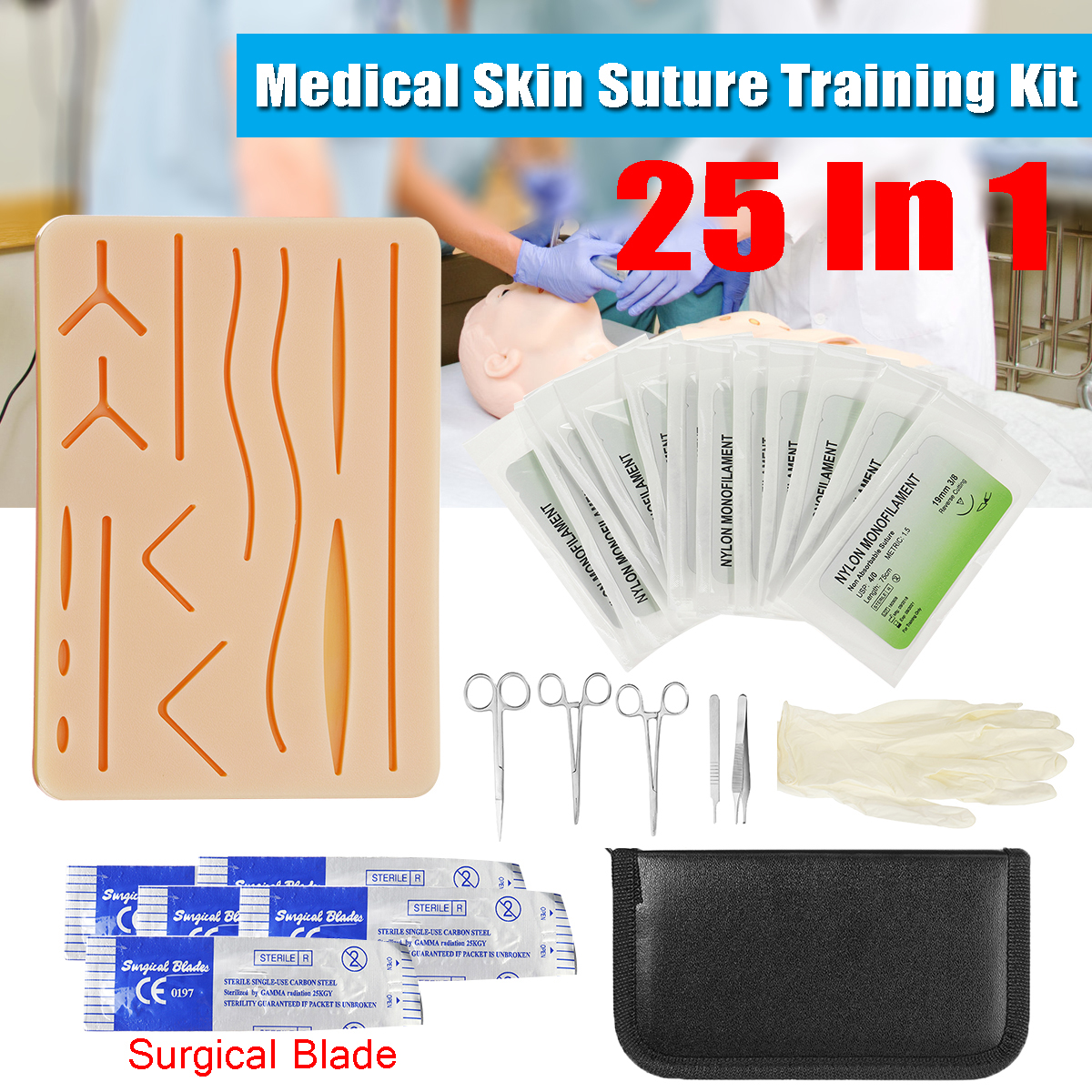 25 In 1 Medical Skin Suture Surgical Training Kit Silicone Pad Needle Scissors 10