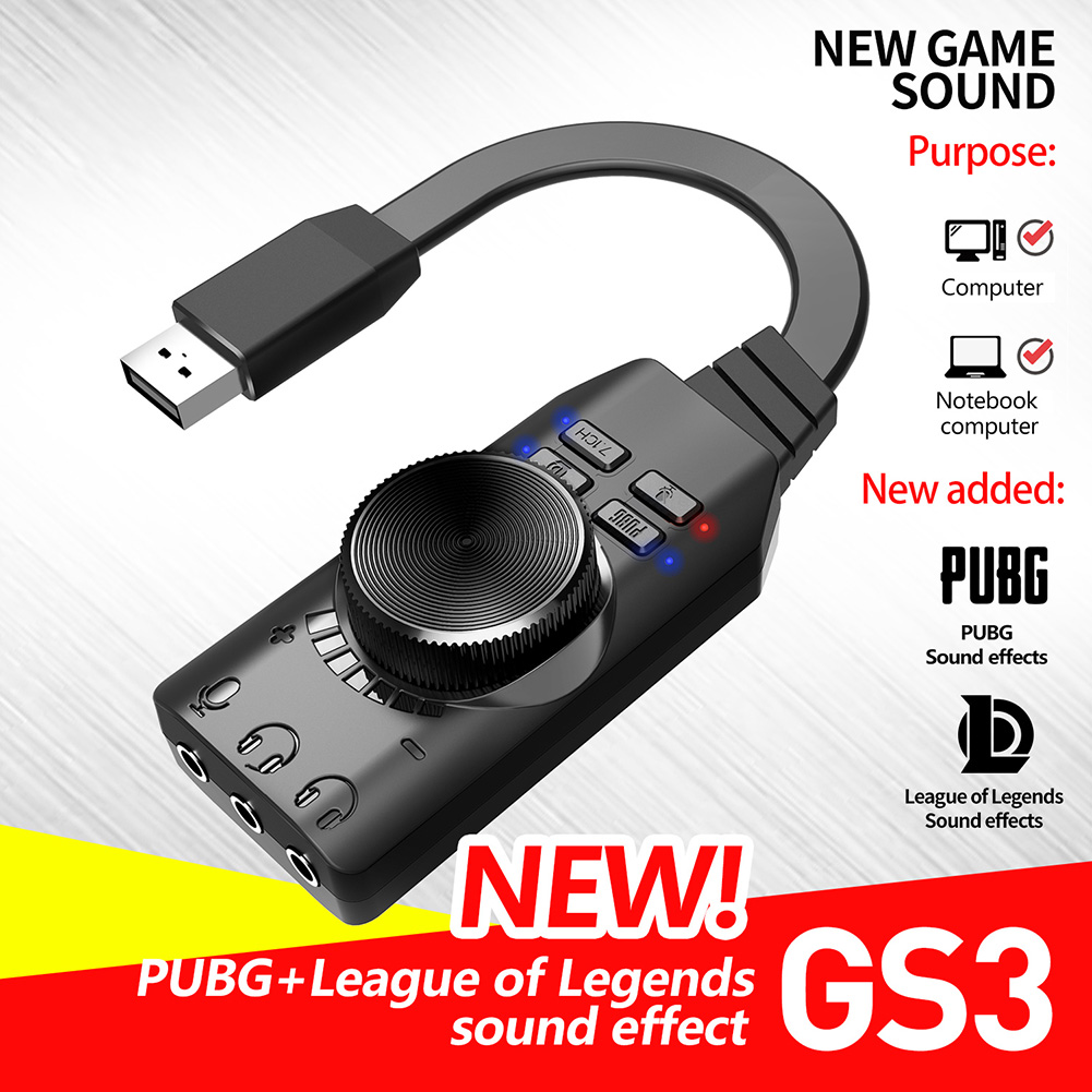 PLEXTONE GS3 7.1 Channel Sound Card Adapter External USB Audio 3.5mm Headset Microphone for PUBG League of Legends PC Computer Notebook Desktop Windows