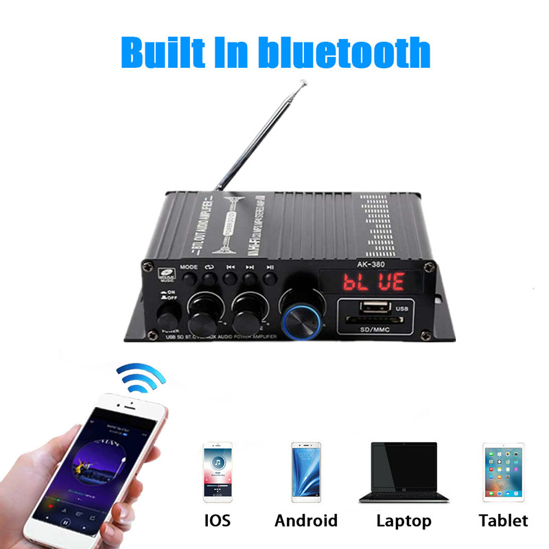 AirAux AK380 Wireless Amplifier 800W MAX Output 2.0 Channel Hi-Fi Class D bluetooth V5.0  Remote Control FM Antenna Integrated Mini Power Amplifier for Car Home Bar Party
