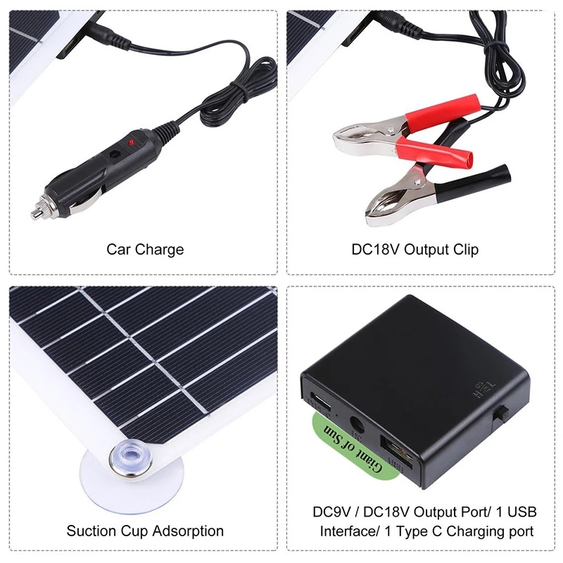 Car Charger 15W 5V/18V ETFE Solar Panel Cell Phone Type-C USB DC Output Battery Charger Camping Output With Cips