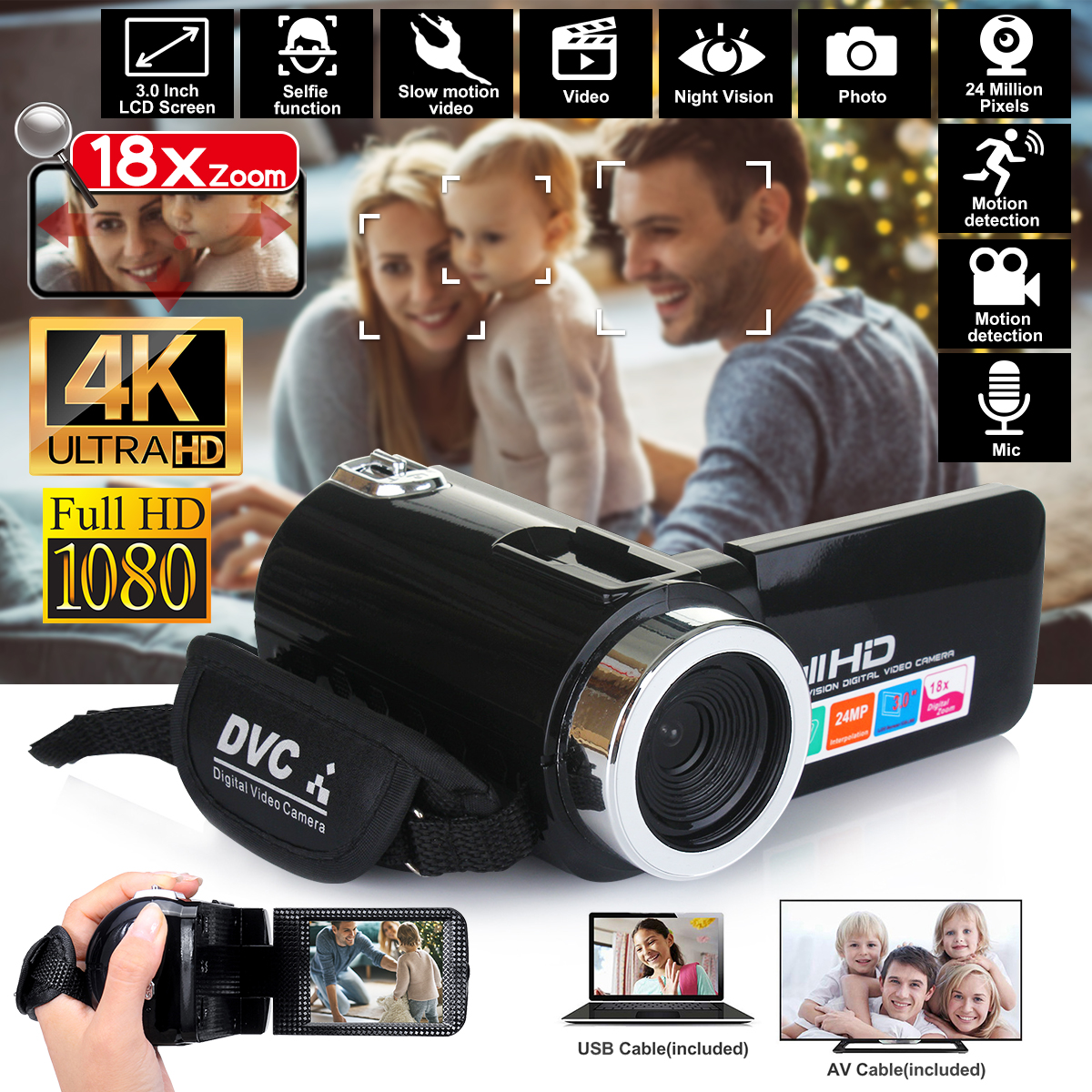 4K Full HD 1080P 24MP 18X Zoom 3 Inch LCD Digital Camcorder Video DV Camera 5.0MP CMOS Sensor for YouTube Vlogging