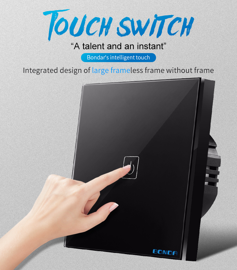 BONDA Smart Switch Type 86 1/2/3 Way RF433 Wireless Remote Control Switch Touch Screen With Auxiliary Switch