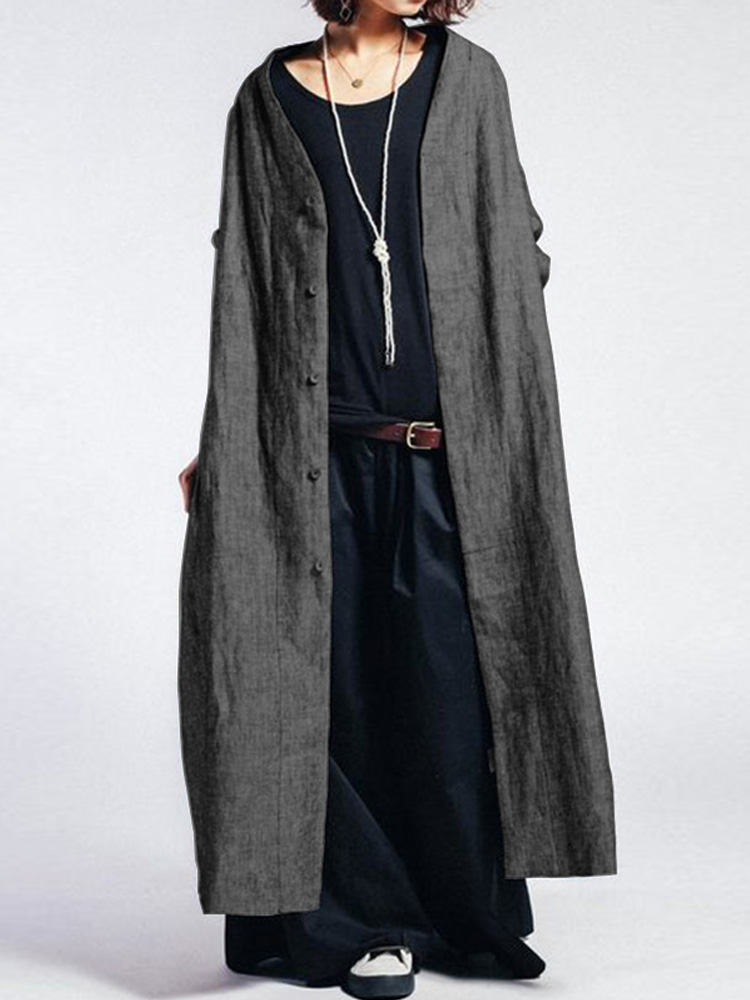 Women Long Sleeve Button Front Open Solid Color Cardigan Maxi Coats