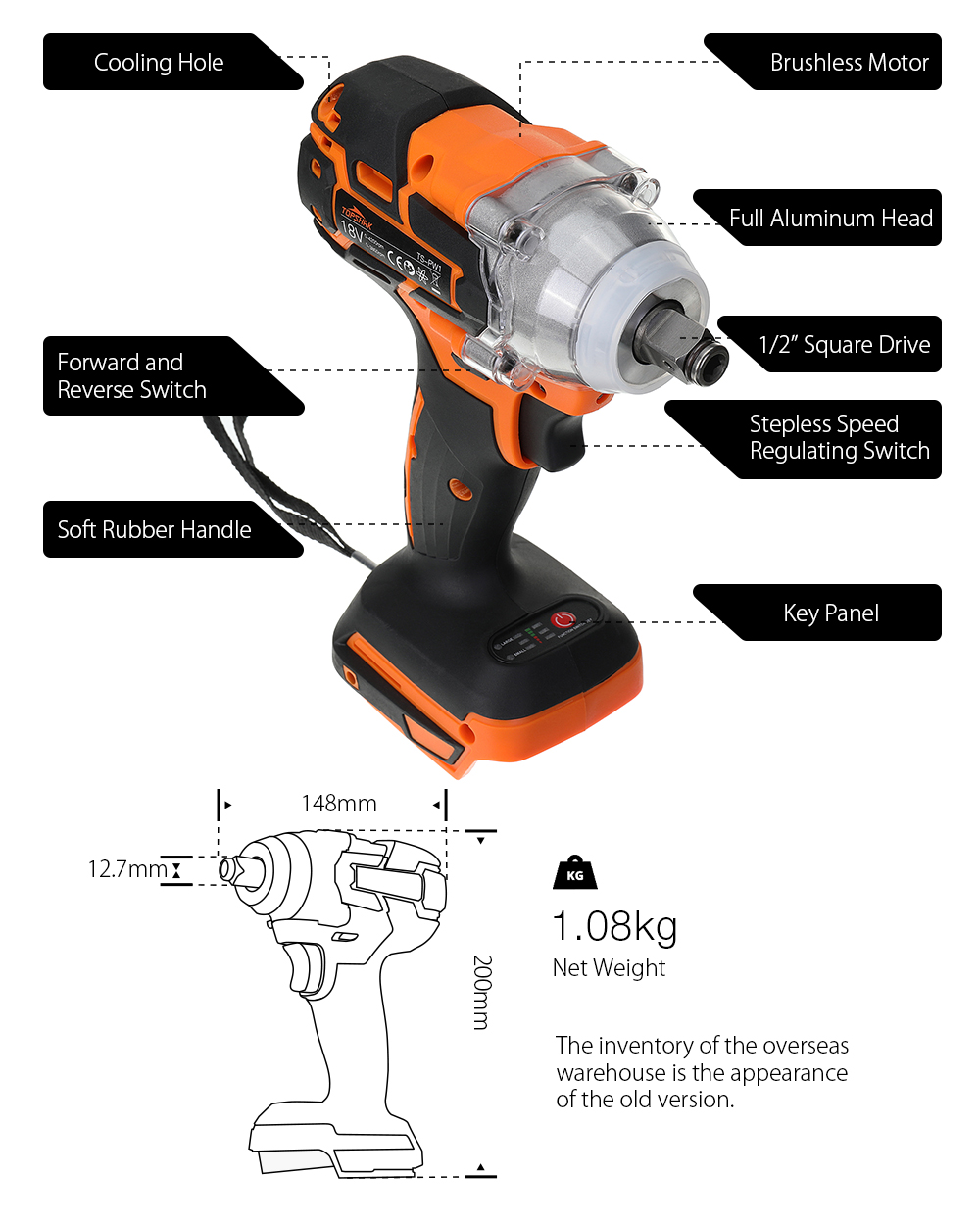 Topshak TS-PW1 Cordless Brushless Impact Wrench Screwdriver Stepless Speed Change Switch For 18V Makita Battery