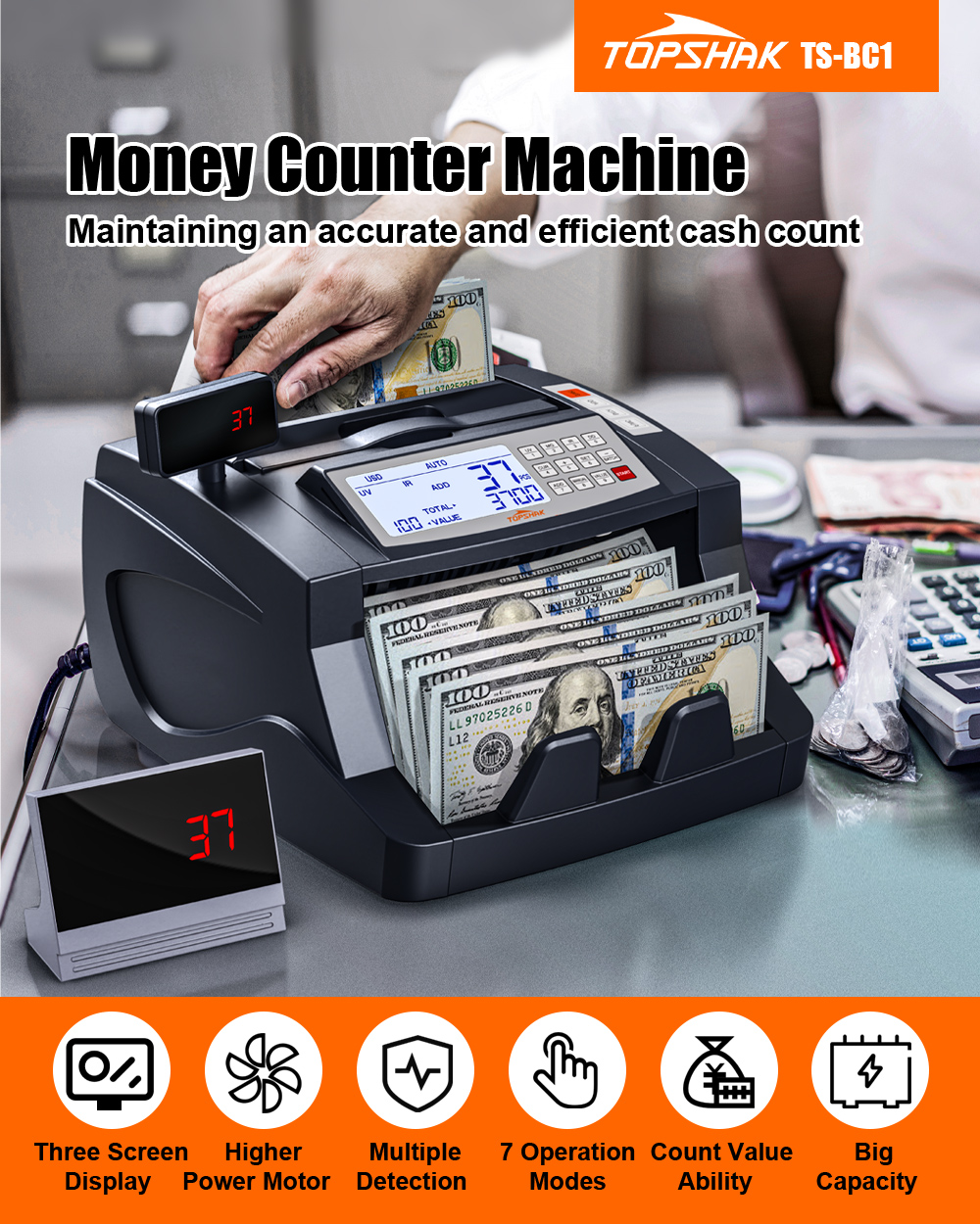 TOPSHAK TS-BC1 80W 1000pcs/min Money Counter Machine Counting Machine for Bank with EU/US Plug