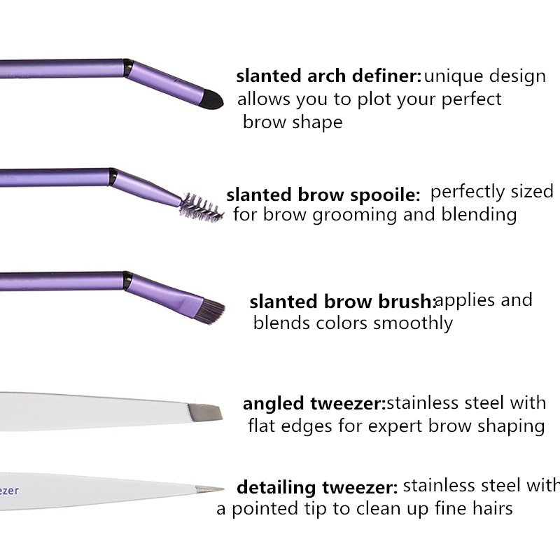 5pcs Eyebrow Grooming Tool Set Angled Tweezer Slanted Brow Spooile Definer Eye Makeup Brush Kit