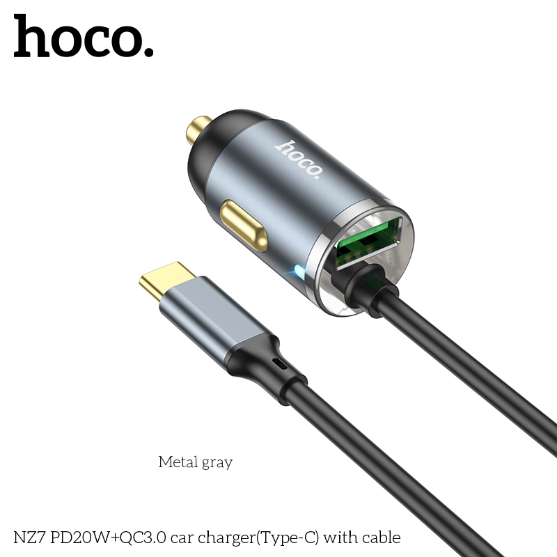 HOCO NZ7 PD 20W QC 3.0 18W Dual Output Fast Charging Car Charger with 1.2m Type-C Cable For iPhone 11 12 13 14 14 Plus 14 Pro Max For Samsung Galaxy S22 S22 Ultra Galaxy Z Flip 4 For Xiaomi Mi 12T Redmi Note 12 Huawei P50