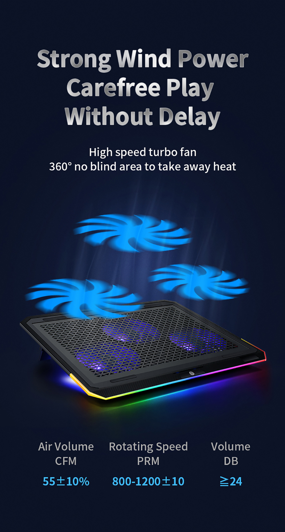 LLANO Laptop Cooling Pad Laptop Radiator Cooler Stand with 3 Cooling Fans 2 USB Ports Adjustable Height RGB Touch Control Q8 for 14-17 inches Laptop