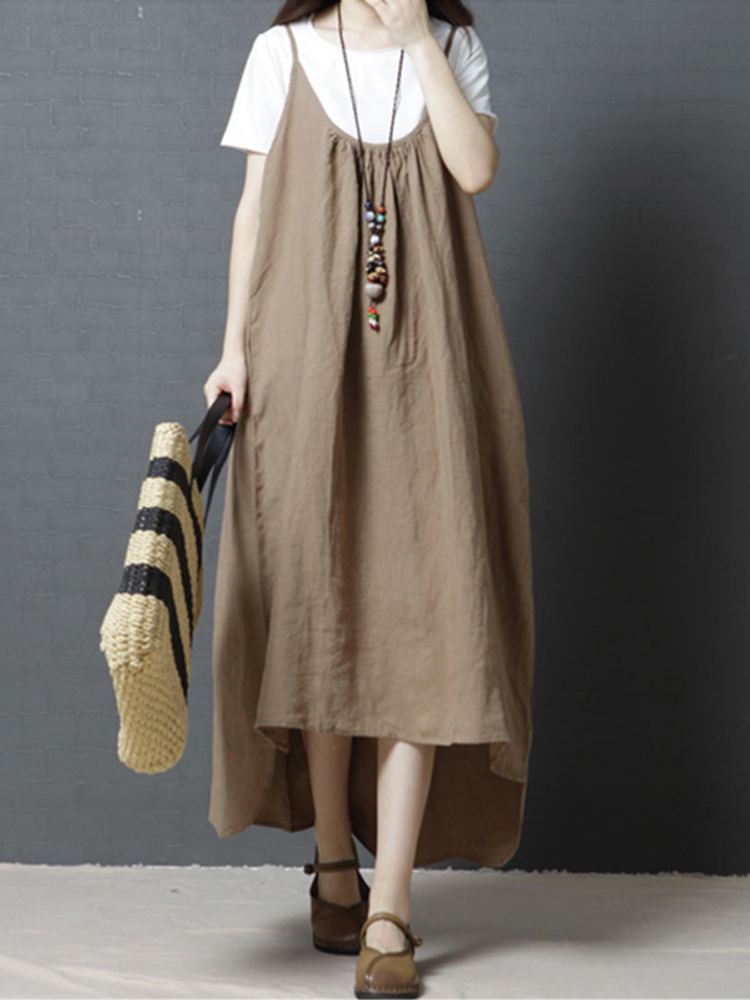 Women Irregular Hem Sleeveless Strappy Solid Cotton Dress