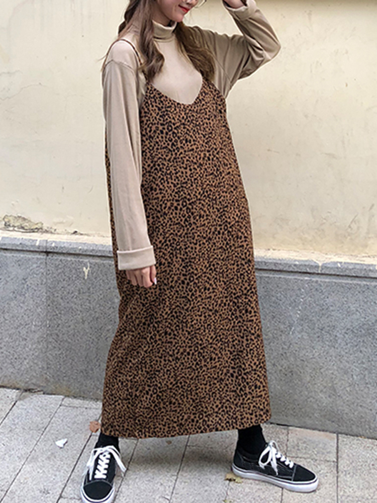 Women Leopard Print Sleeveless Strap V Neck Loose Maxi Dress