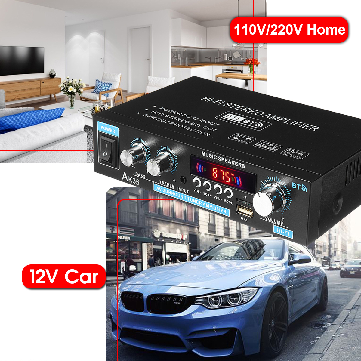 AK35 2x30W Digital HIFI Power Amplifier bluetooth 5.0 USB FM TF Card Stereo Home Theater Car Audio 110V 220V AMP with Remote Control