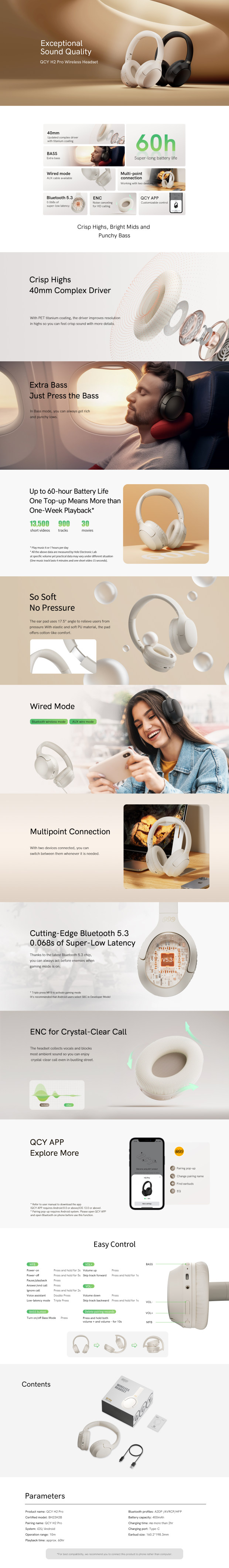 QCY H2 PRO Wireless Headset bluetooth V5.3 Headphone 40mm Drivers Bass 60h Long Battery Life ENC HD Calling AUX Portable Headset