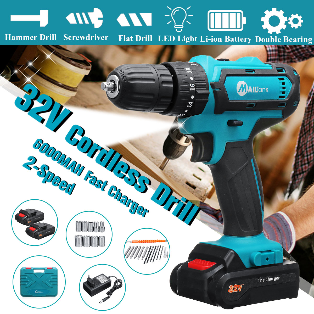 32V 2 Speed Power Drills 6000mah Cordless Drill 3 IN1 Electric Screwdriver Hammer Hand Drill 2 Batteries 13