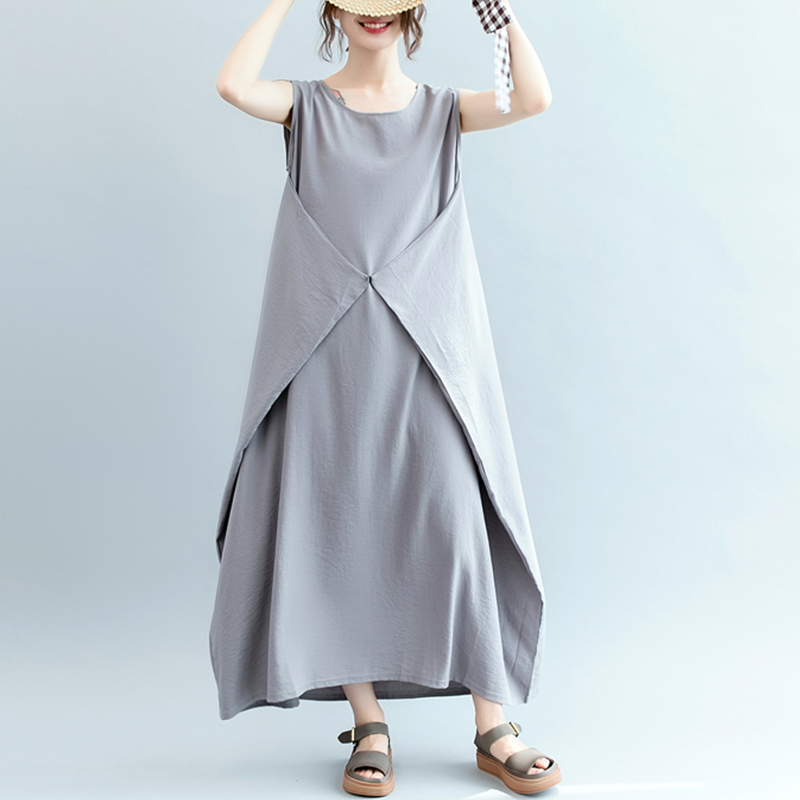 Women Sleeveless O-neck Casual Loose Solid Color Dress