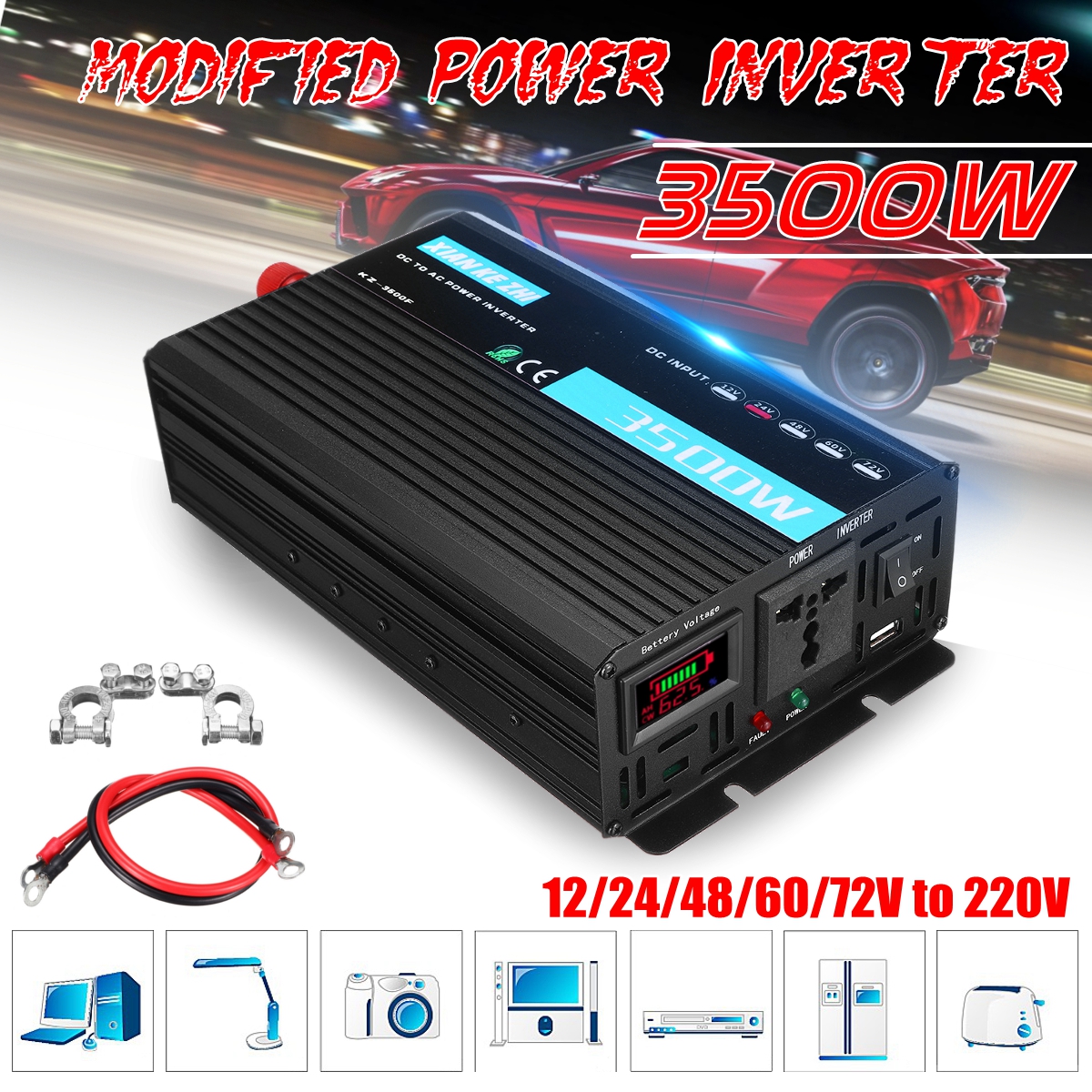 1700W Intelligent Display Home Use Inverter DC 12/24/48/60V to AC 220V Multiple Protection Power Inverter Modified Sine Wave Converter