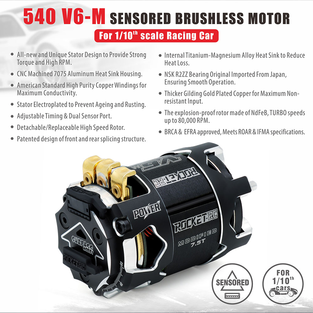 Surpass Hobby Rocket-RC 540 V6M MODIFIED Sensored Brushless Motor for 1/10 Racing RC Car Vehicles Models Parts 3.5T/4.5T/5.5T/6.5T/7.5T/8.5T/9.5T