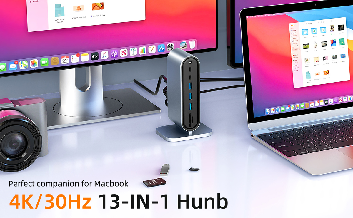 13 In 1 USB-C Hub Docking Station Adapter with 1 * USB 3.0/3 * USB 2.0/100W Type-C PD/3 * Type-C/4K HD Display Video Outputs/RJ45 Internet Port/3.5mm Audio Jack/VGA/SD TF Memory Card Readers