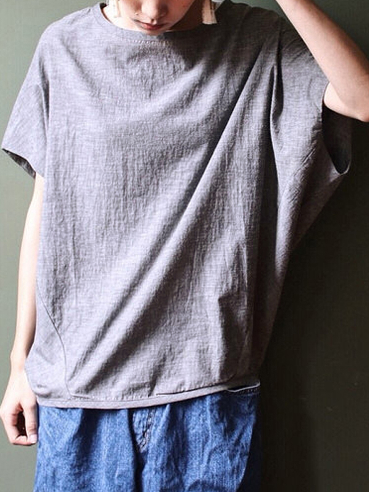 Solid Color Batting Sleeve O-neck Loose Casual Blouse