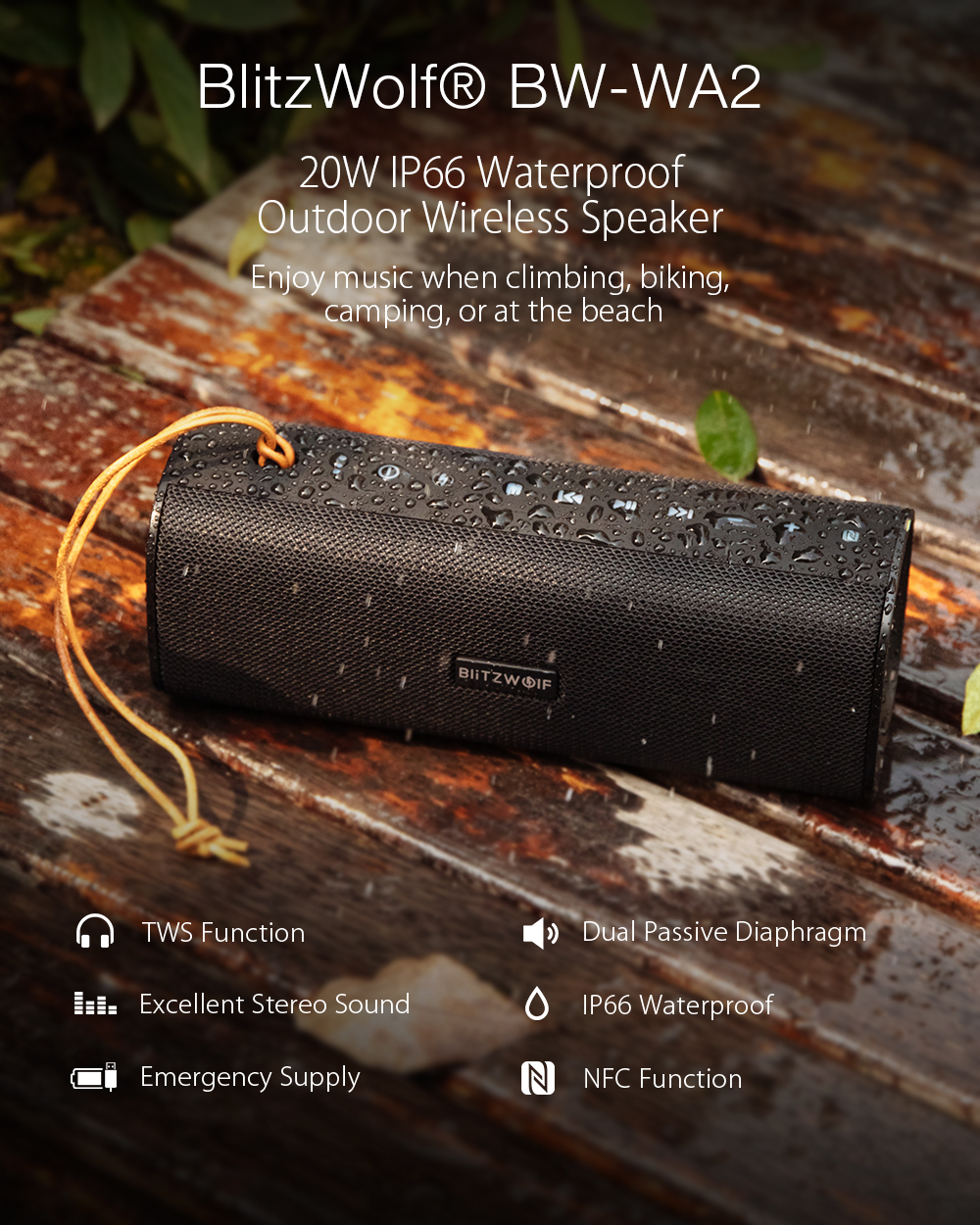 BlitzWolf® BW-WA2 Lite 12W Wireless bluetooth Speaker Dual Passive Diaphragm TWS Bass Stereo Outdoors Soundbar with Mic