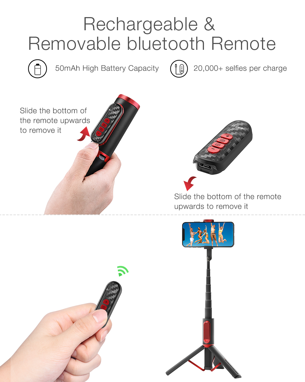 BlitzWolf® BW-BS10 Pro All-in-one bluetooth Upgrade Remote Control Selfie Stick Hidden Phone Clamp with Retractable Tripod