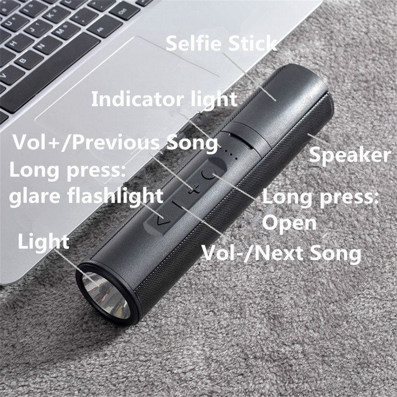 Portable 4 In 1 LED Flashlight bluetooth Speaker Selfie Stick With Power Bank Support TF Card for Sport Phone