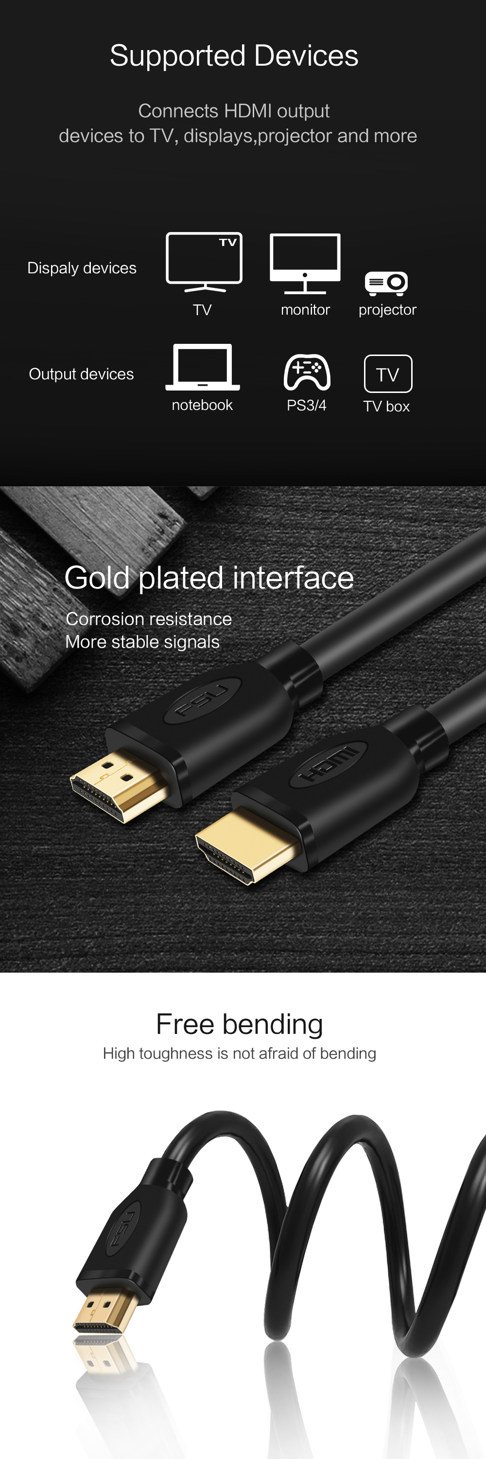 FSU Gold-plated HDMI Cable 4K 1080P Male to Male Adapter Cable for HDTV LCD Projector