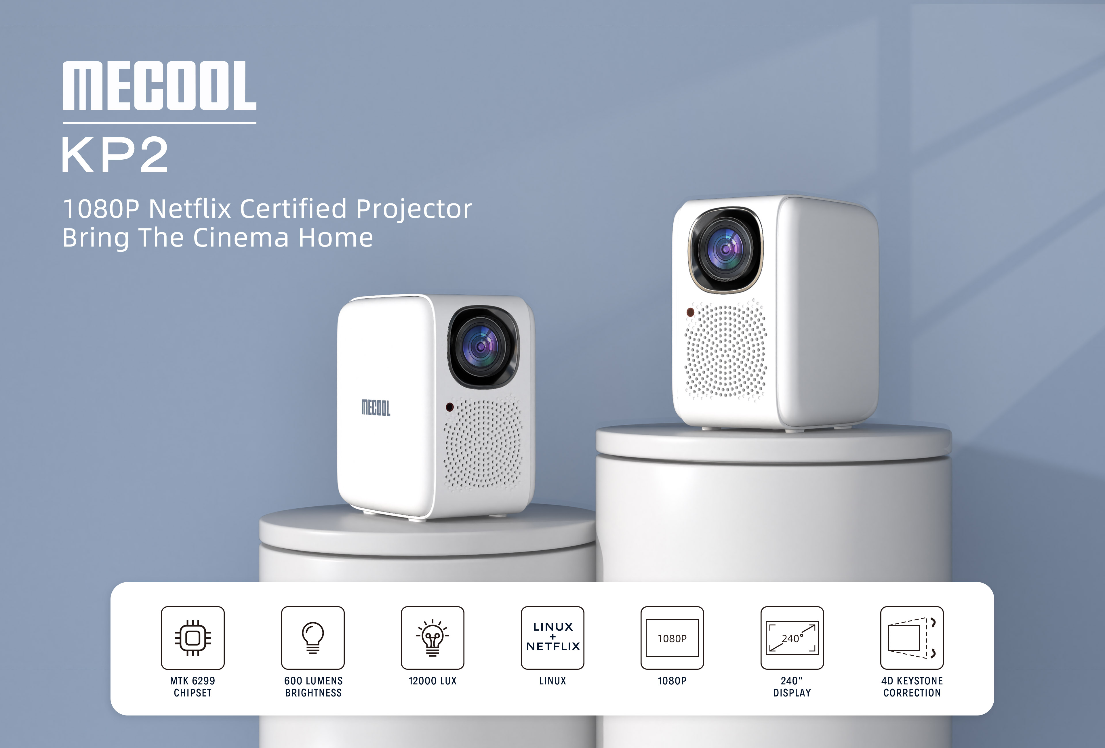 MECOOL KP2 1080P Projector 600ANSI Lumens Linux OS 4.19 Netflix Certified 1+8GB Auto Focus Vertical Keystone Correction Smart Home Theater