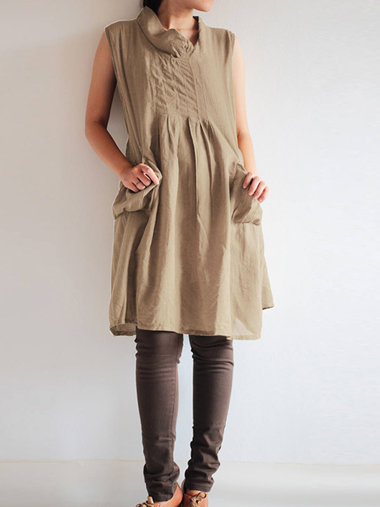 

Women Solid Cowl Neck Sleeveless Cotton Casual Mini Dress