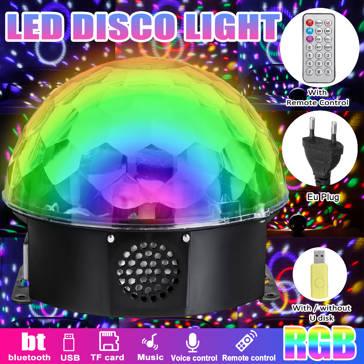 Portable Remote Control RGB Color Change Voice Control LED Disco Light Support U Disk Playback