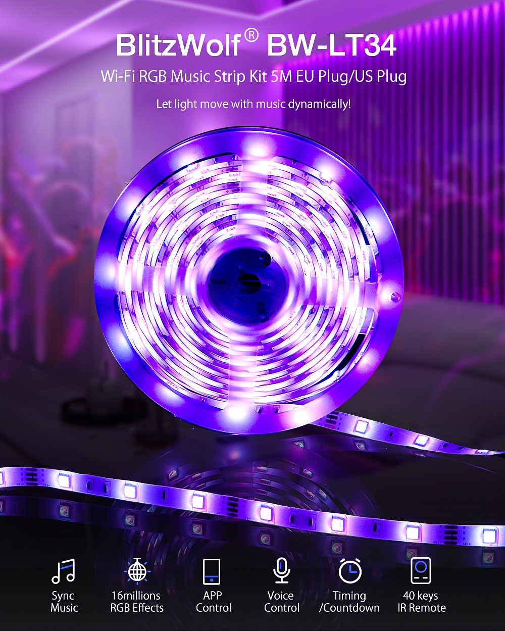 BlitzWolf® BW-LT34 5M WiFi RGB Music LED Strip Kit + EU/US Plug + 40 keys IR Remote Control Works with Alexa Google Assistant Christmas Decorations Clearance Christmas Lights