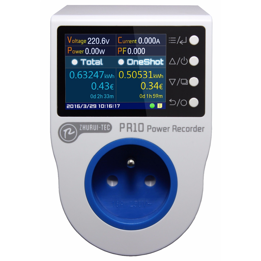 

PR10-D 16A France Plug Power Recorder Electric Energy Meter with Measure Record Alarm Timing Function 0.1~4000W