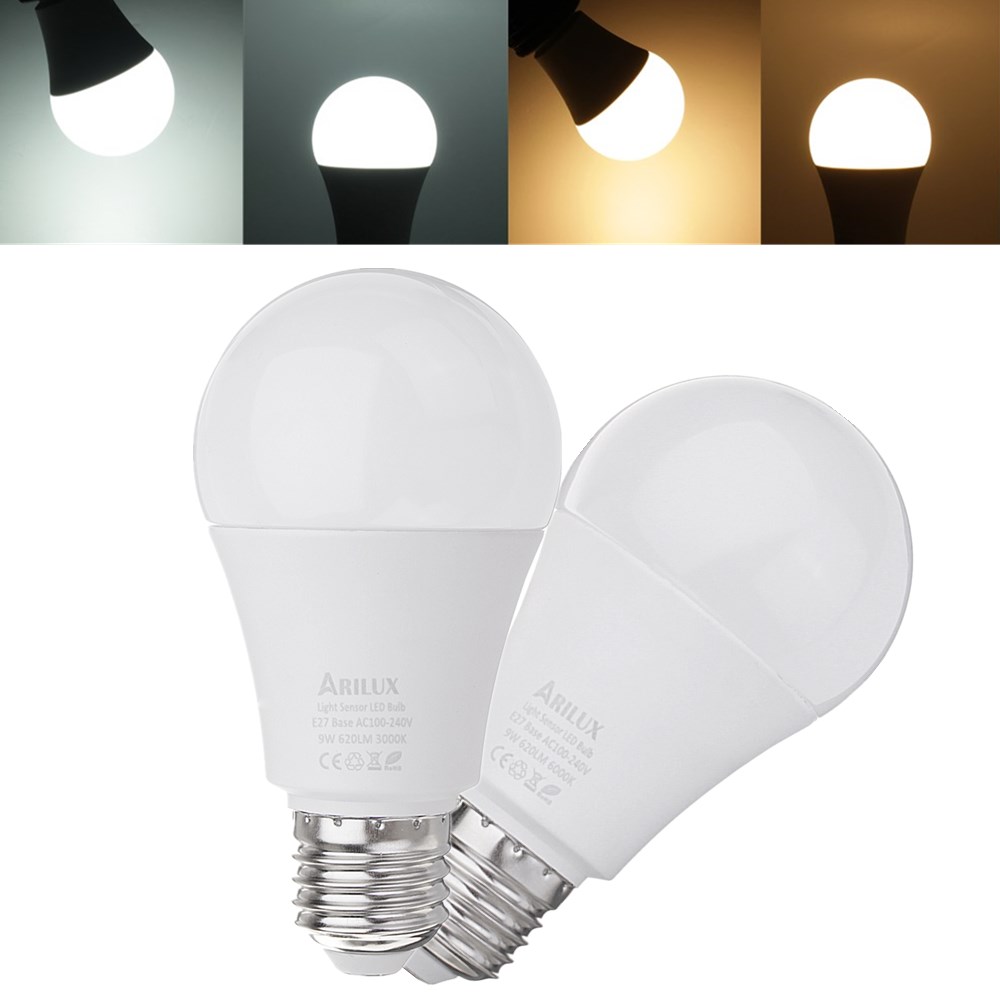 

ARILUX® E27 A60 9W 620LM Warm White Pure White Dusk to Dawn LED Sensor Globe Light Bulb AC100-240V