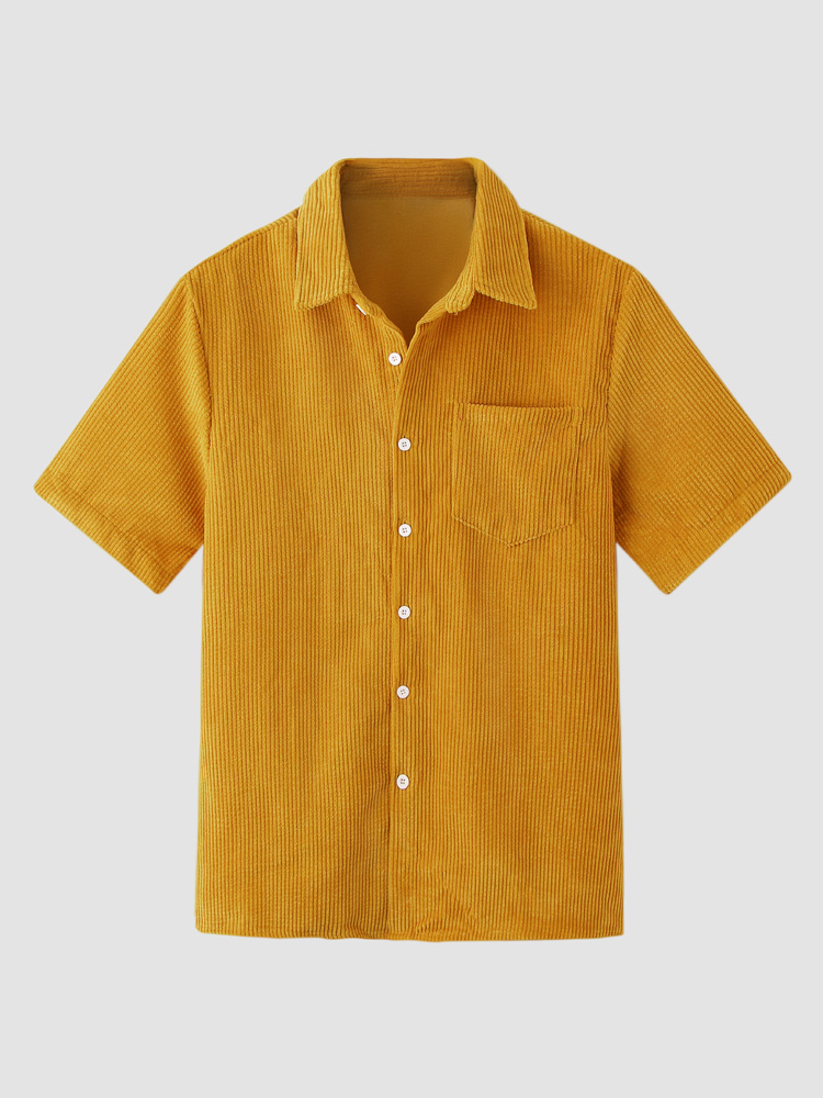 Mens Casual Corduroy Light Breathable Pocket Short Sleeve Shirts