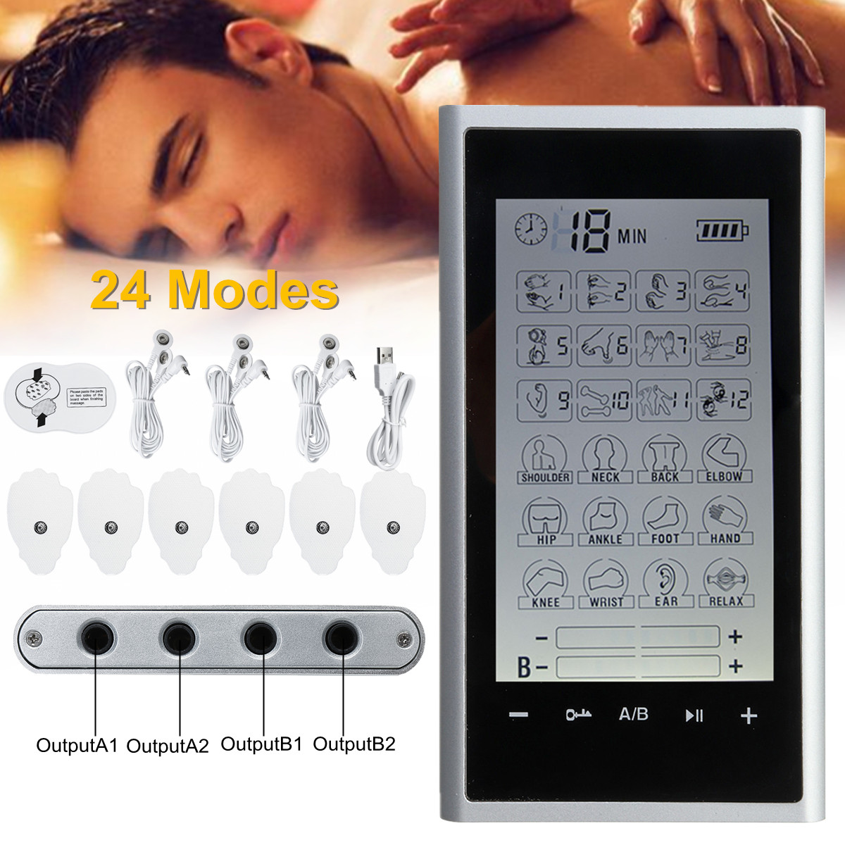 24 Modes Tens Unit Muscle Stimulator Electric Pulse Massager Machine Pain Relief Muscle Therapy
