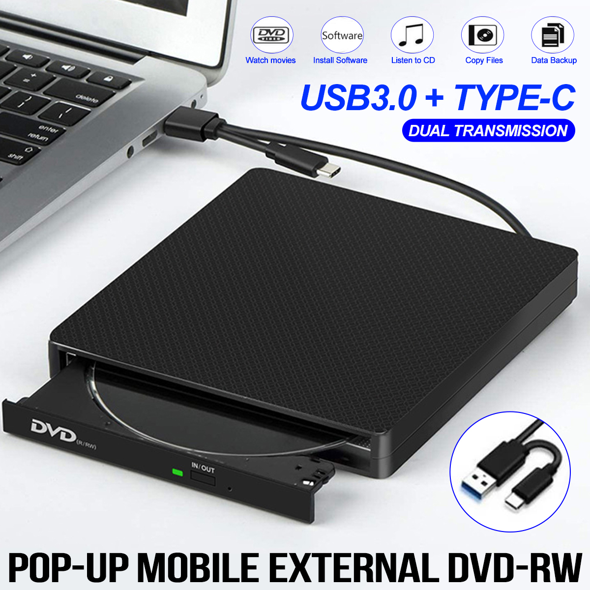 USB3.0 Type-C CD DVD External Optical Drive DVD-RW Player High Speed Data Transfer External Burner Writer Rewriter for Computer PC Laptop XD009