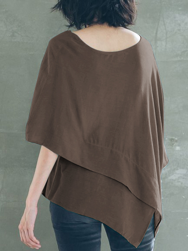 Irregular Half Sleeve Crew Neck Casual Loose Solid Color Blouse