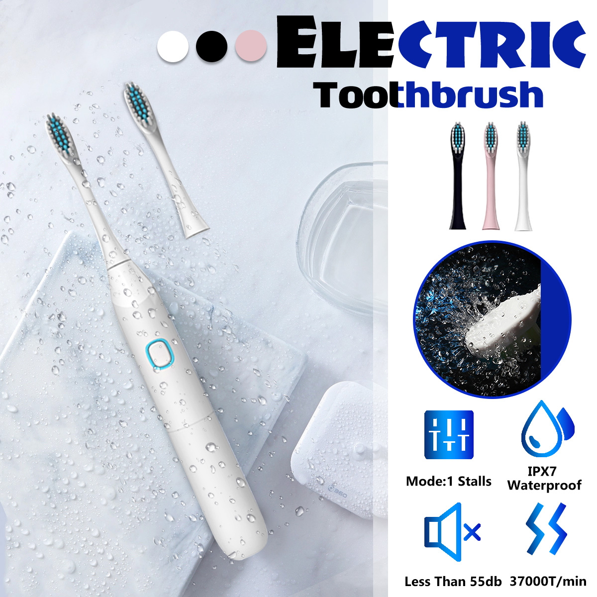 Acoustic Wave Vibration Waterproof Soft Electric Toothbrush IPX7 Waterproof