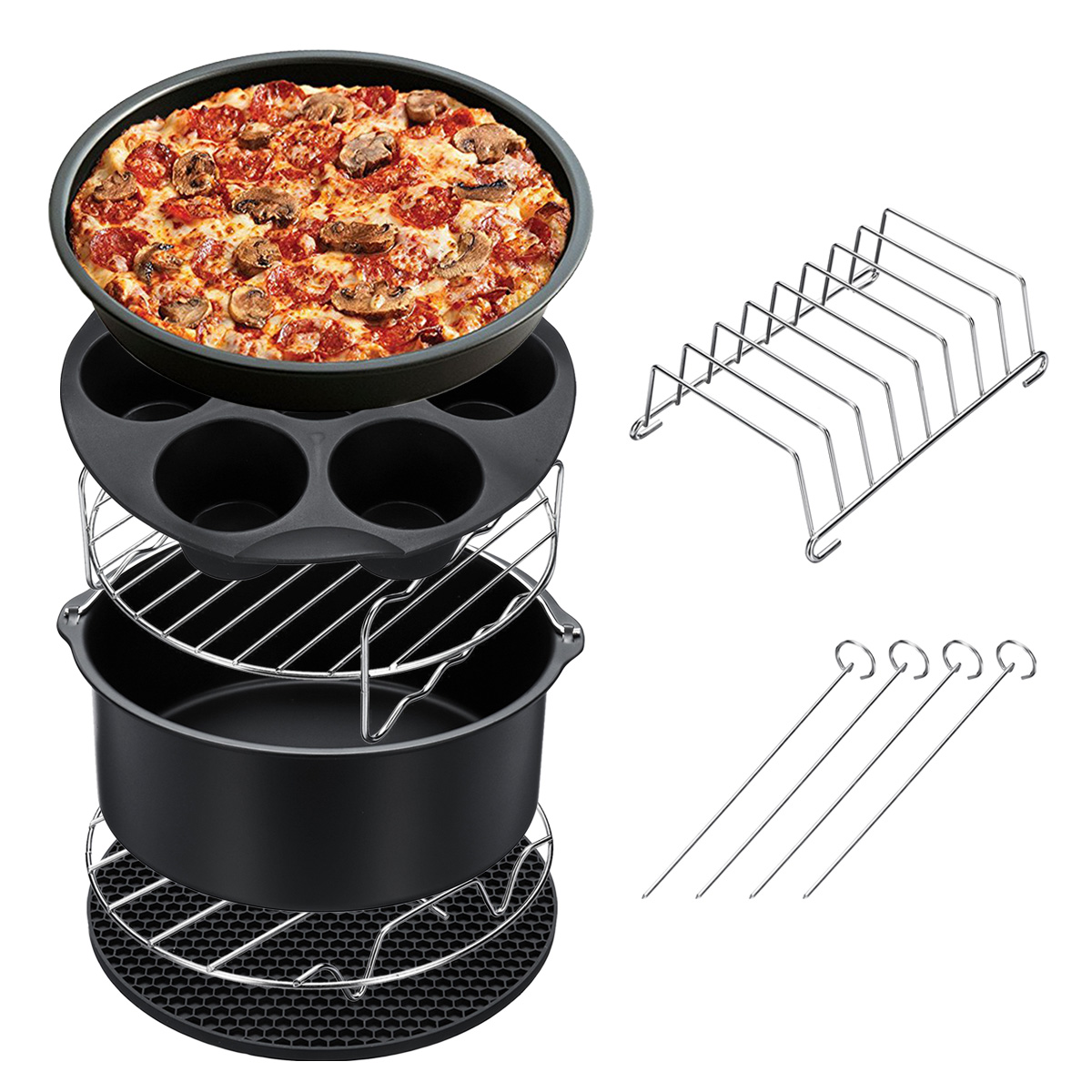 7PCS Air Fryer Accessories Set Chips Baking Basket Pizza Pan Home Kitchen Tool 39