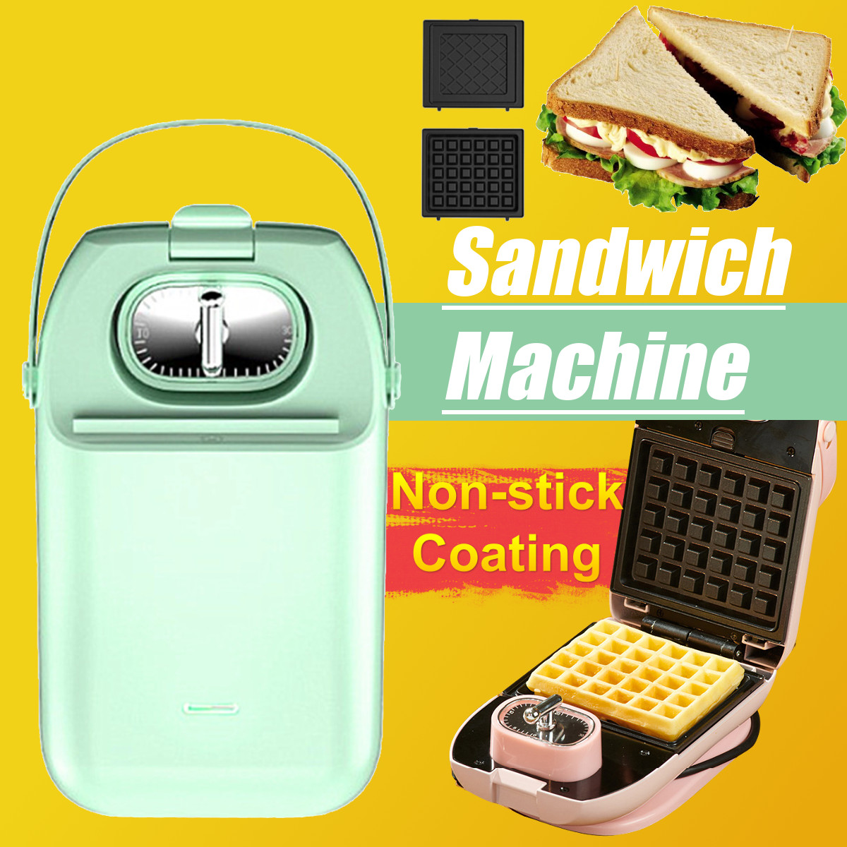 2IN1 Electric Sandwich Maker Breakfast Machine Panini Waffle Cake Toaster Grill