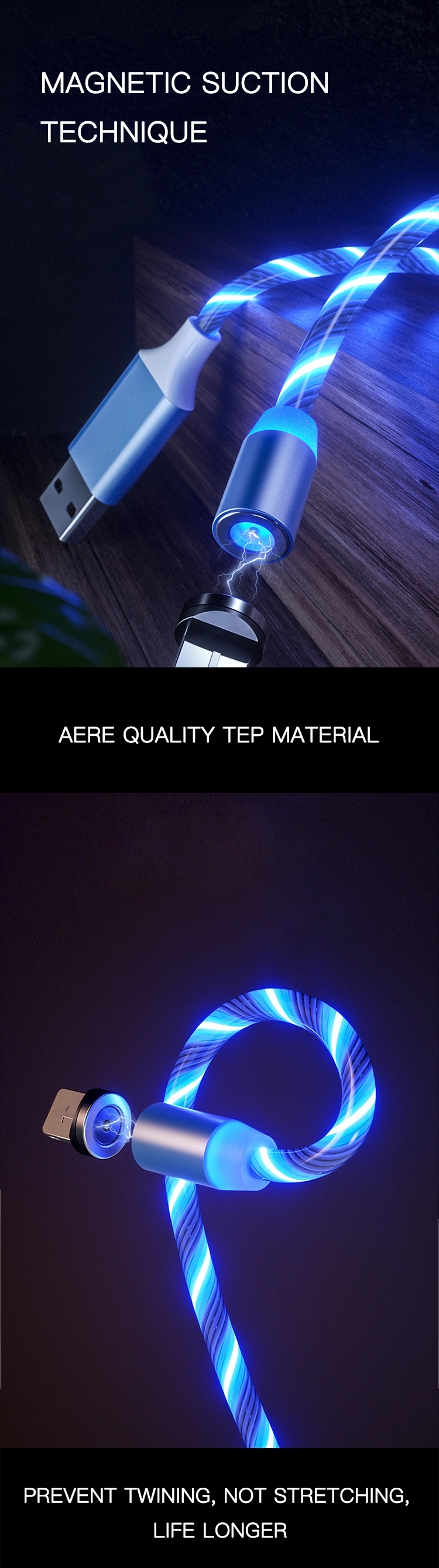 Bakeey Type C Micro USB Magnetic Data Cable 2A Fast Charging Flowing Light LED Luminous Line For Mi10 9Pro K30